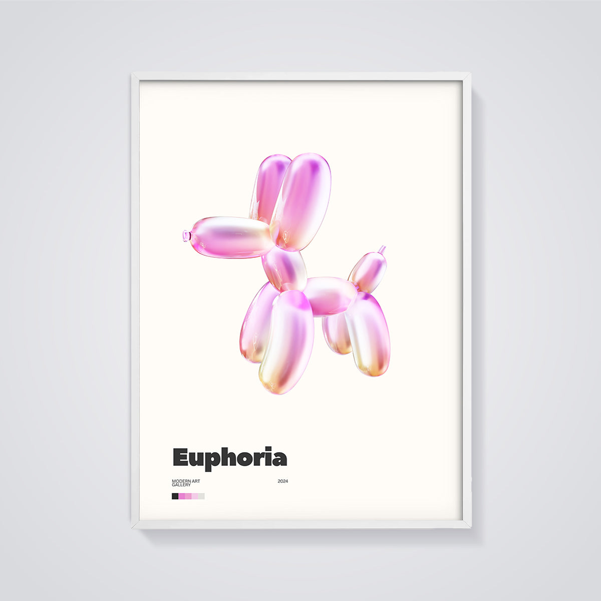 Euphoria Iridescent Balloon Dog Print framed in white on a grey background