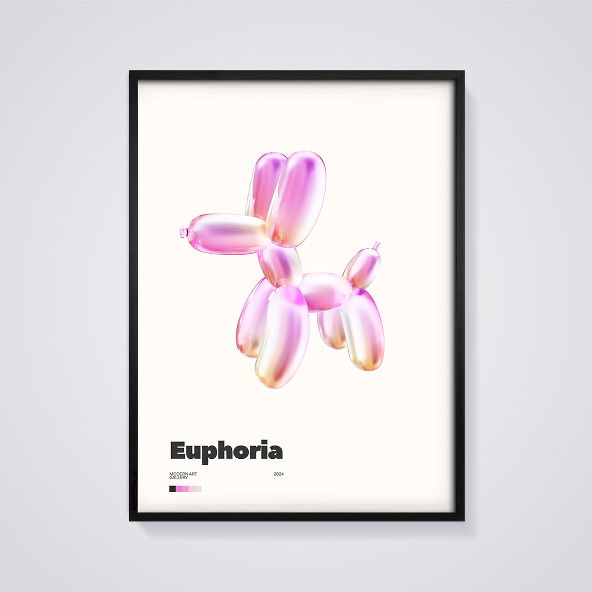 Euphoria Iridescent Balloon Dog Print framed in black on a grey background