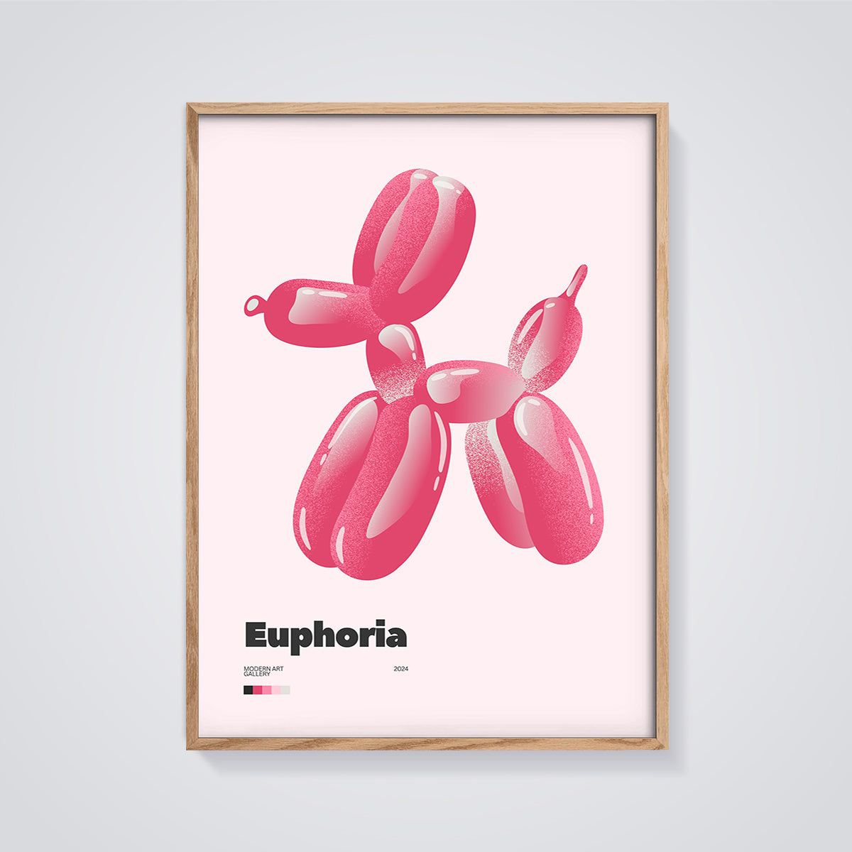Euphoria Pink Balloon Dog Print framed in oak on a grey background