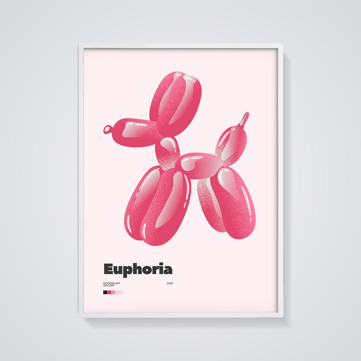 Euphoria Pink Balloon Dog Print framed in white on a grey background