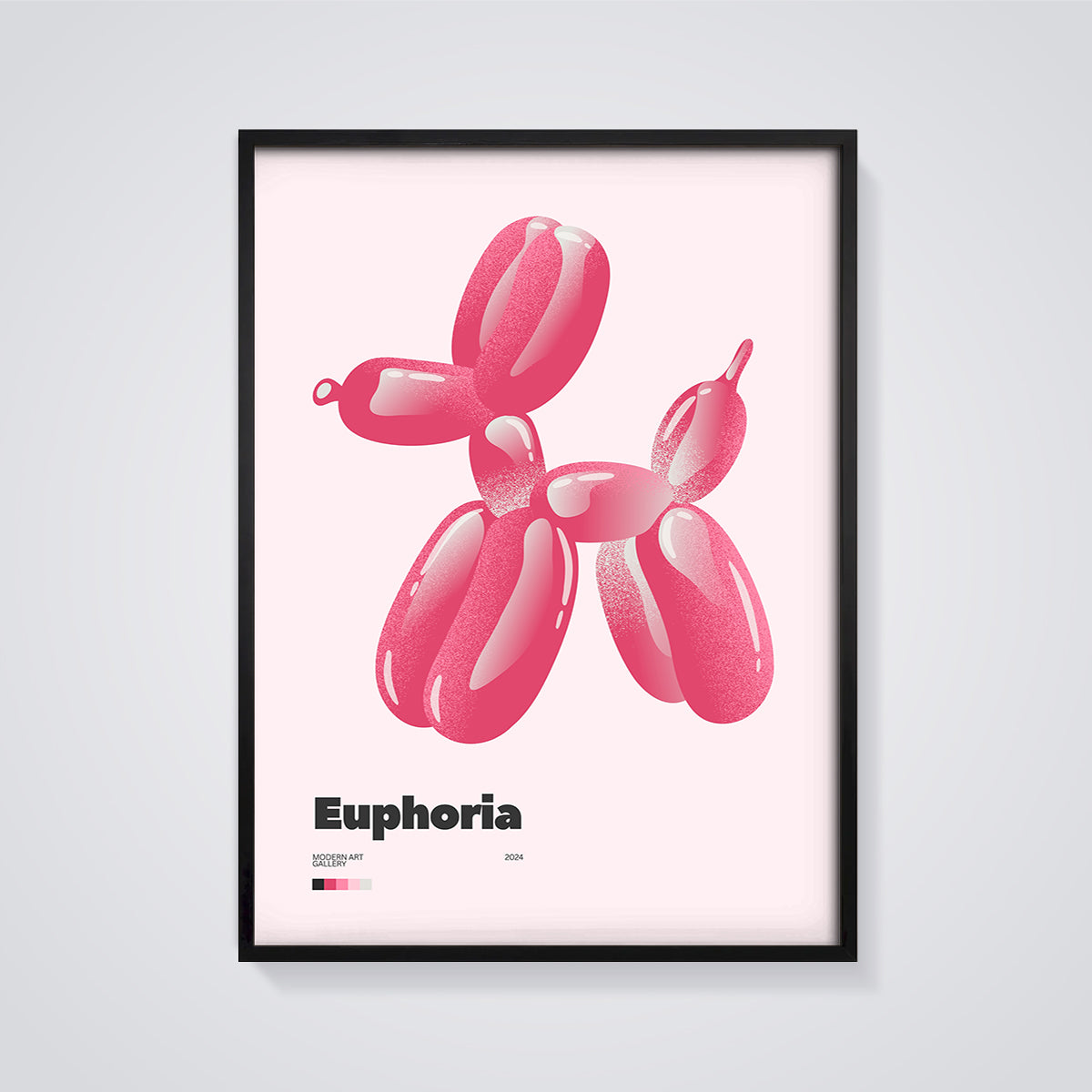 Euphoria Pink Balloon Dog Print framed in black on a grey background