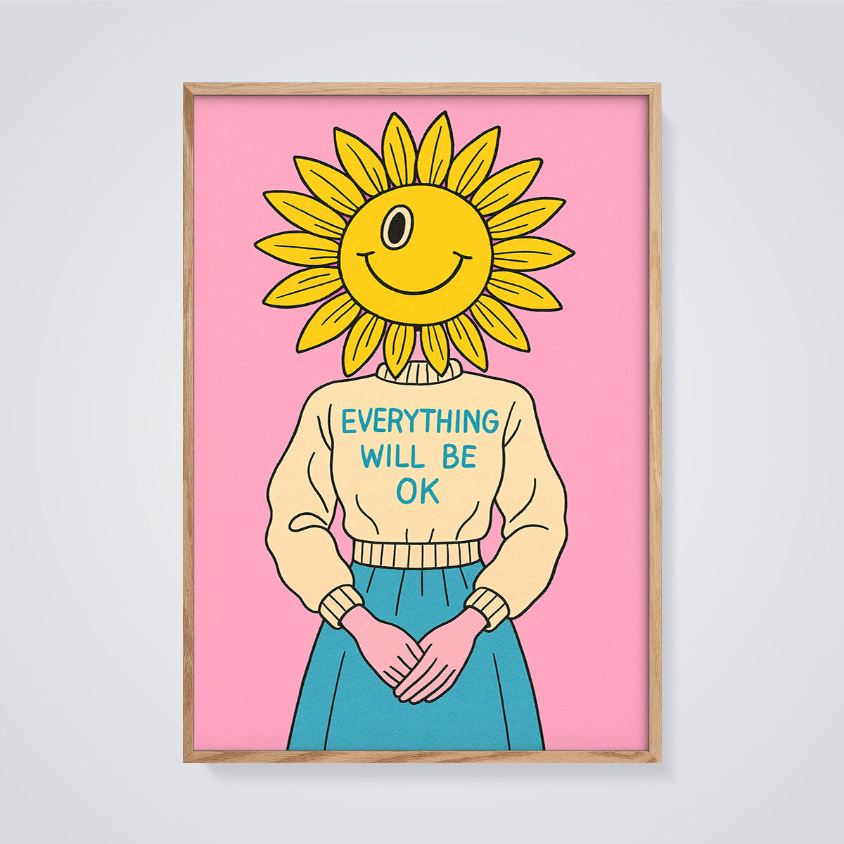 Everything Will Be OK Sunflower Print framed in oak on a grey background