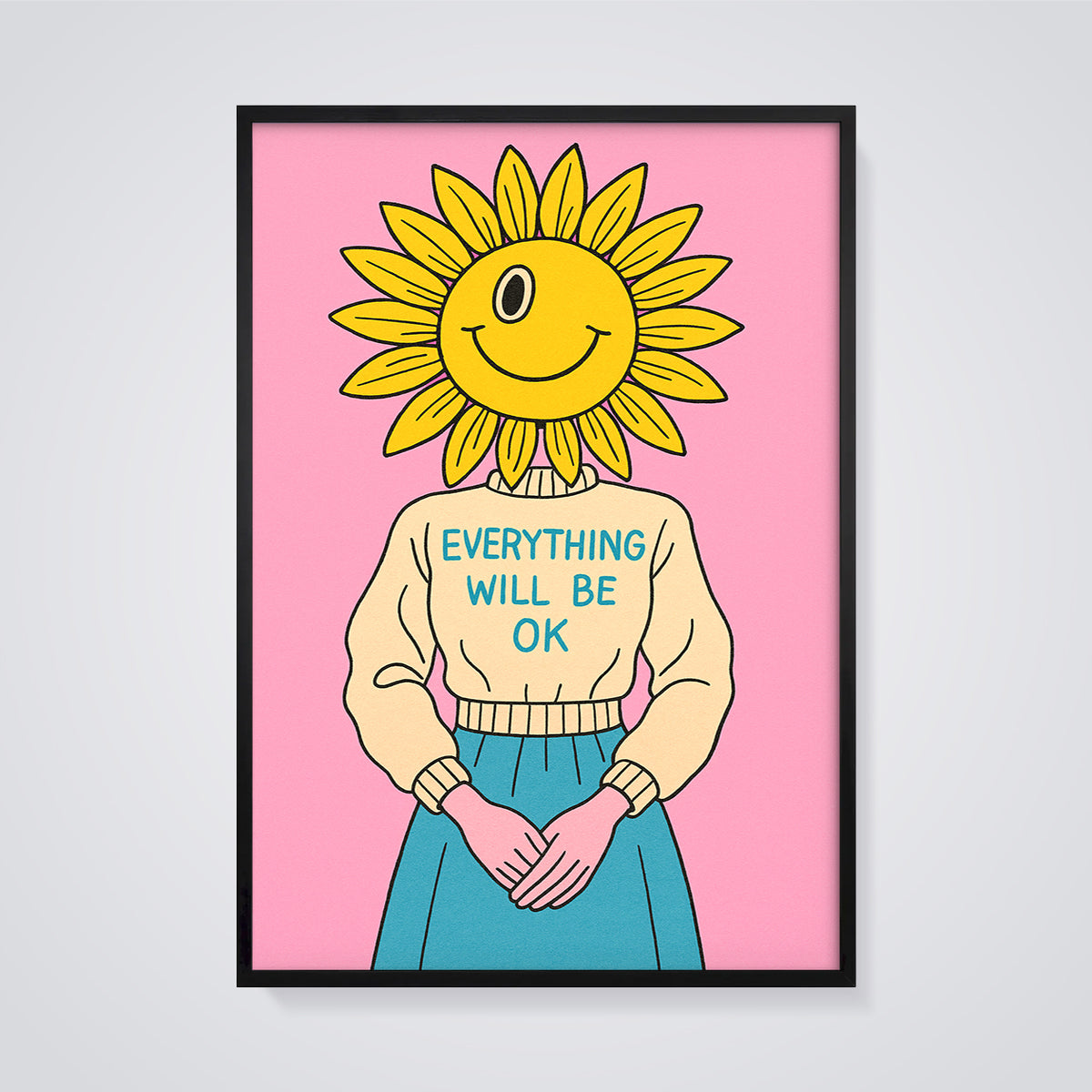 Everything Will Be OK Sunflower Print framed in black on a grey background