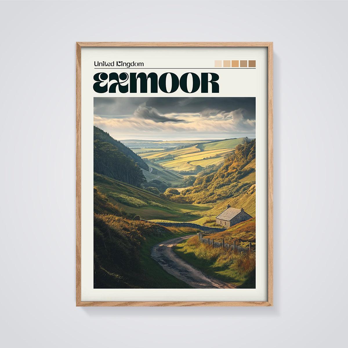 Exmoor Valley Cottage Print framed in oak on a grey background