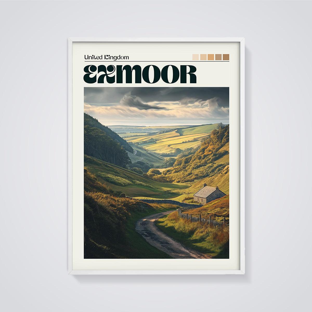 Exmoor Valley Cottage Print framed in white on a grey background