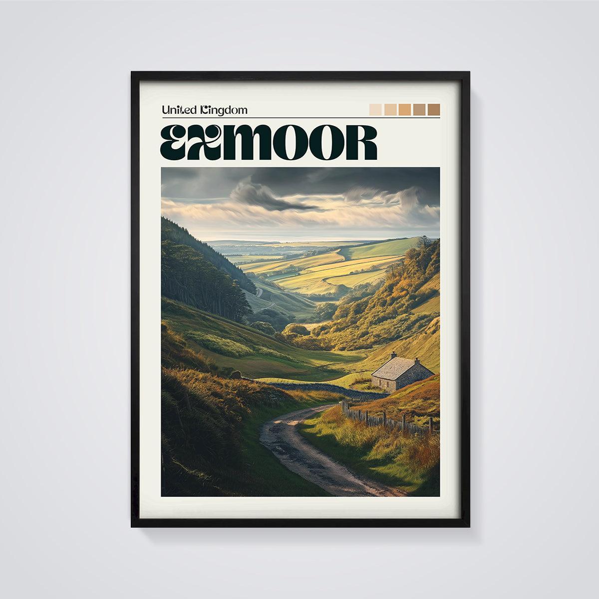 Exmoor Valley Cottage Print framed in black on a grey background