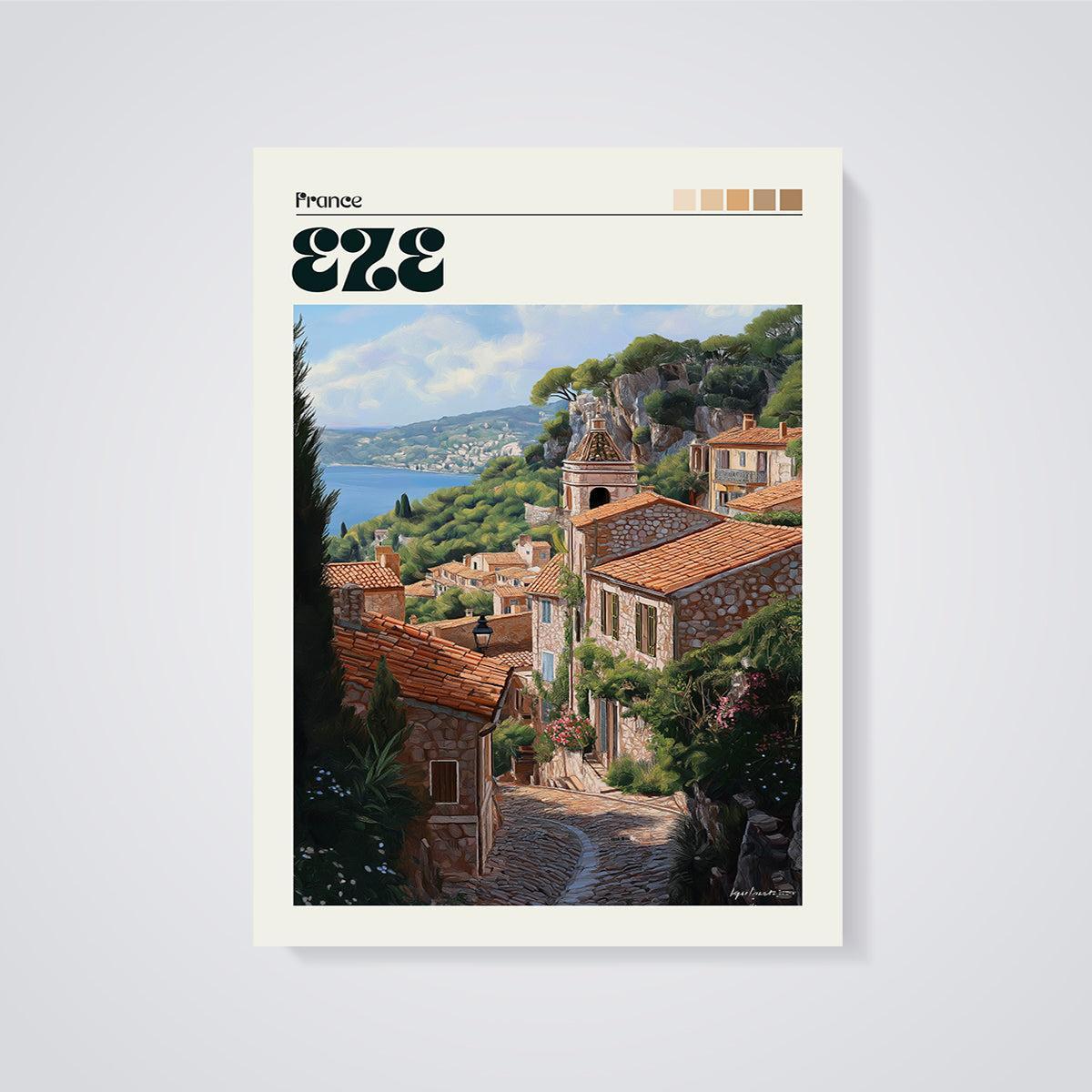 Eze France Coastal Village Print unframed on a grey background