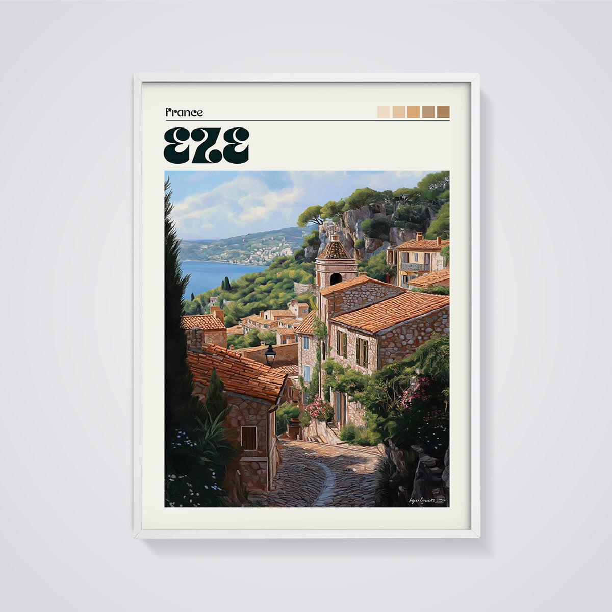 Eze France Coastal Village Print framed in white on a grey background