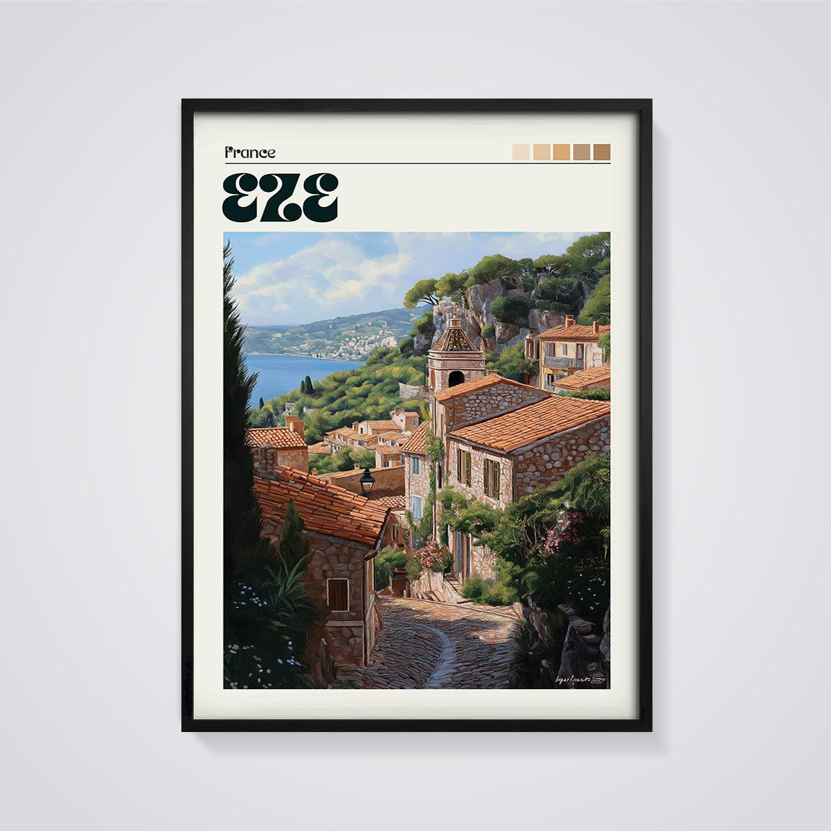 Eze France Coastal Village Print framed in black on a grey background