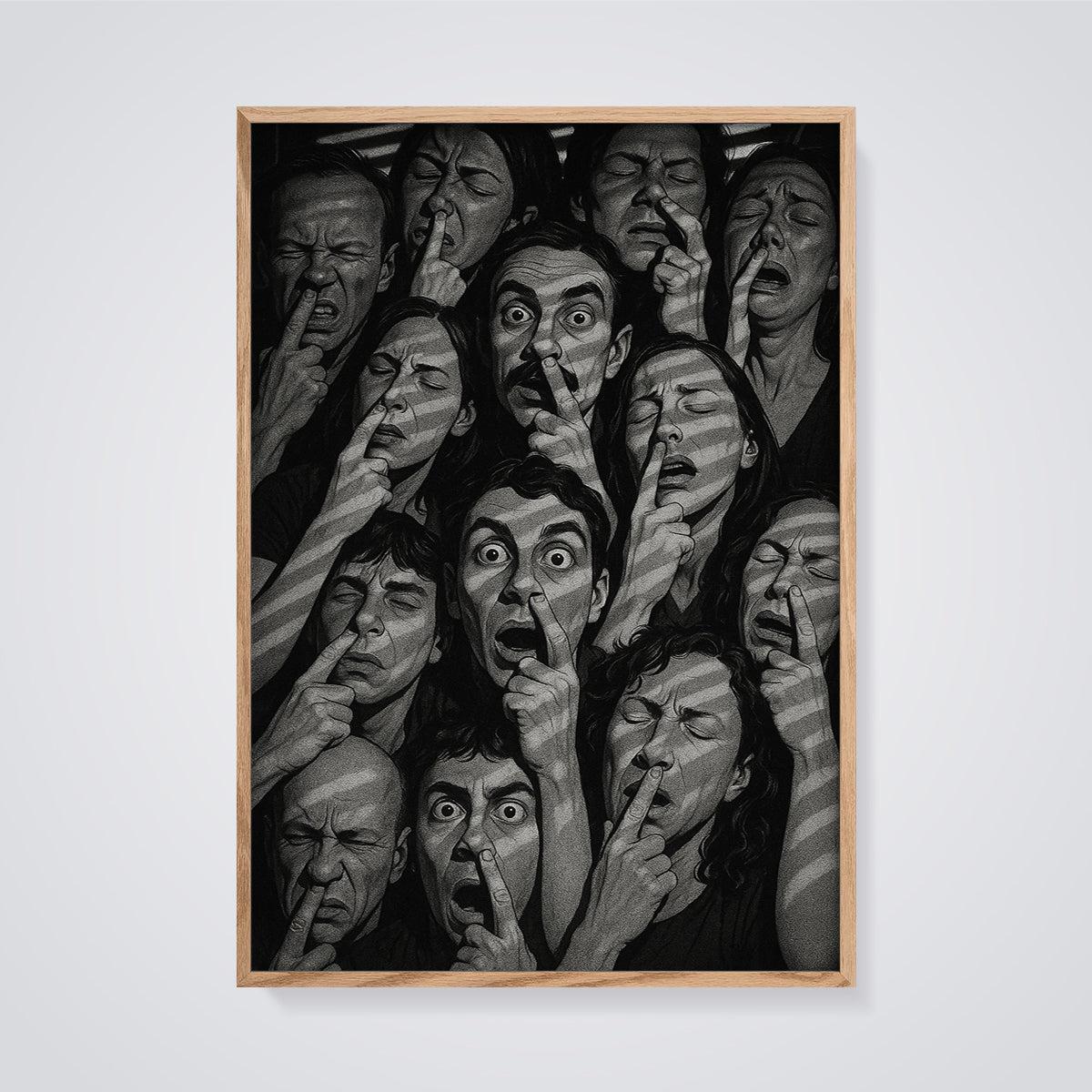 Faces of Disgust Print framed in oak on a grey background