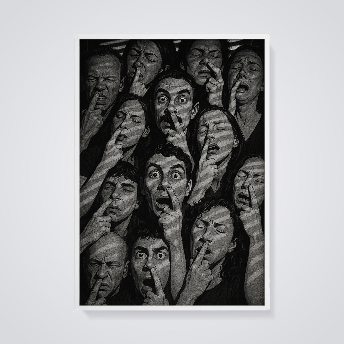 Faces of Disgust Print framed in white on a grey background