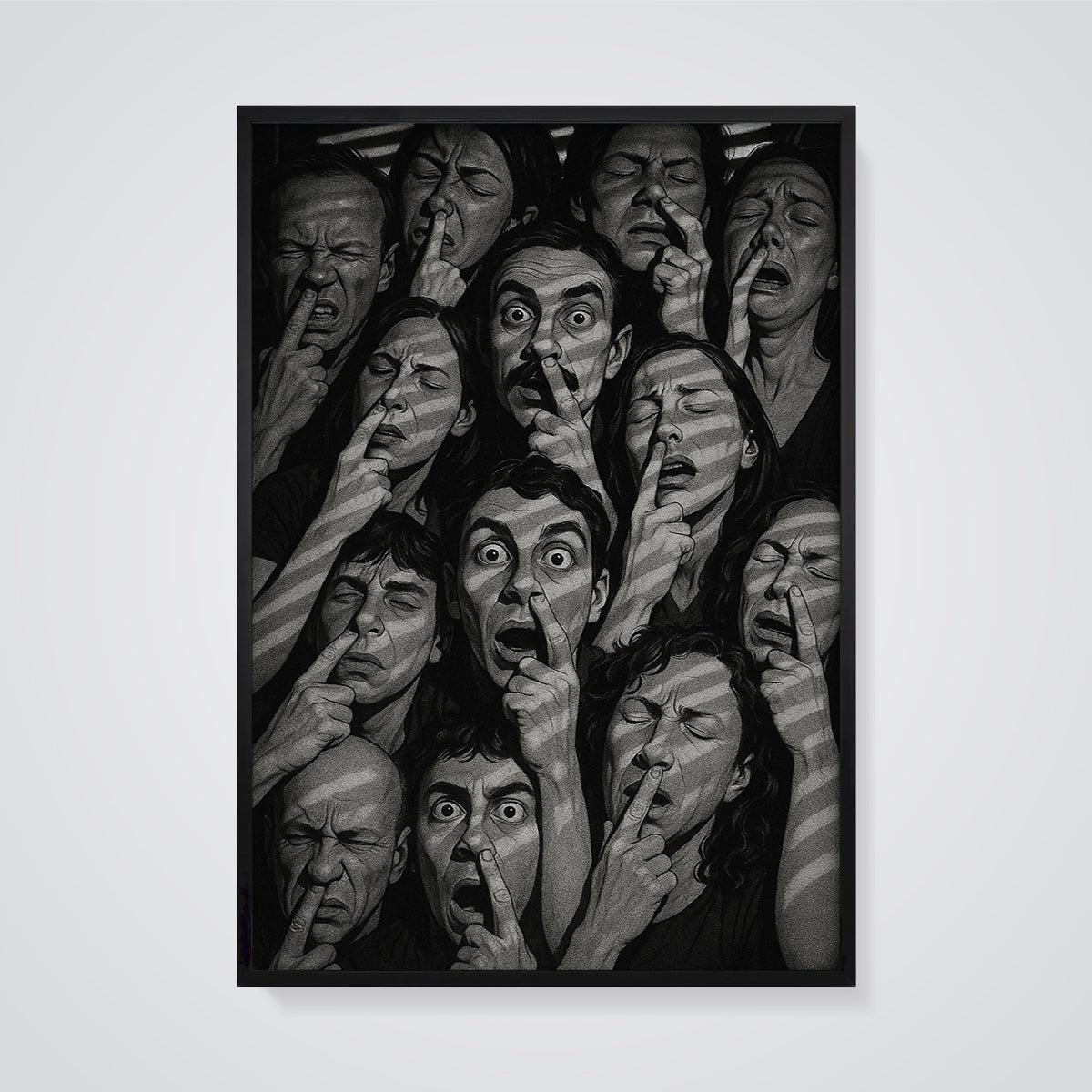 Faces of Disgust Print framed in black on a grey background