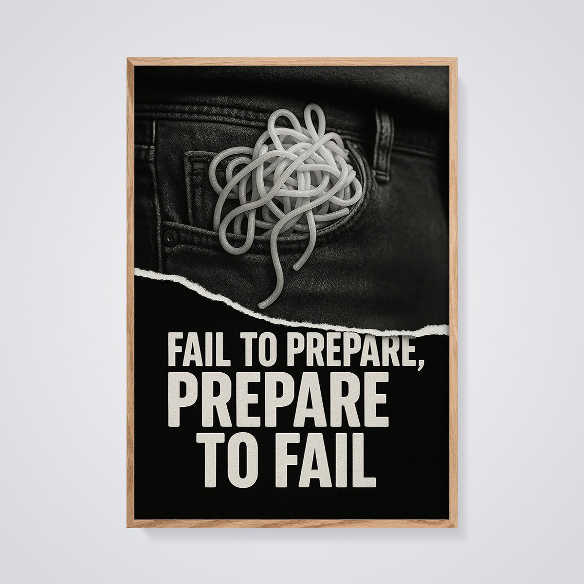 Fail to Prepare Spaghetti Print framed in oak on a grey background