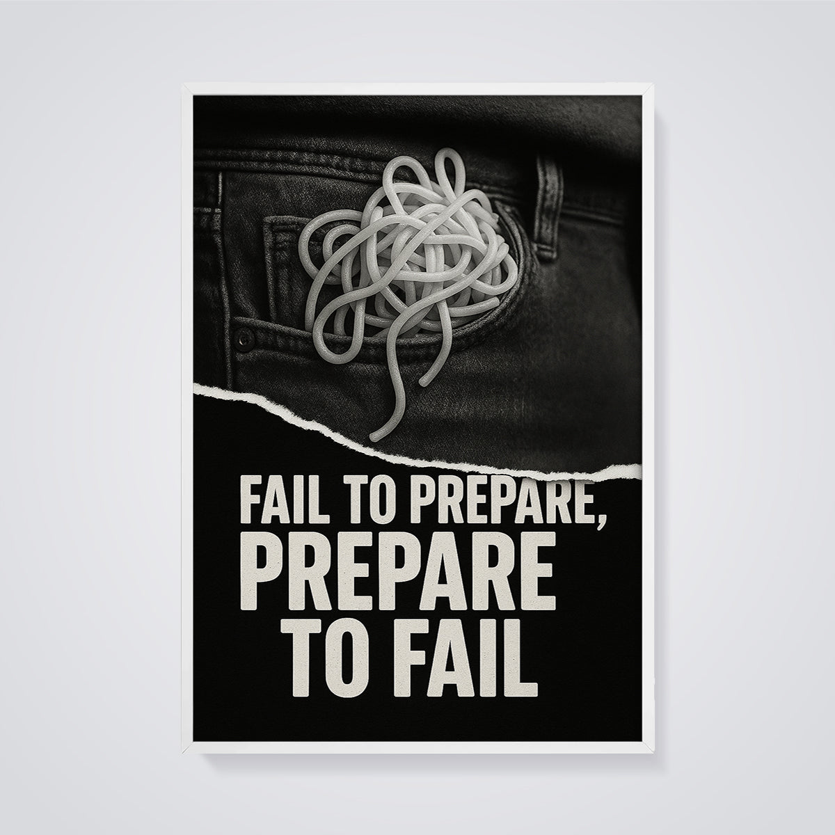 Fail to Prepare Spaghetti Print framed in white on a grey background