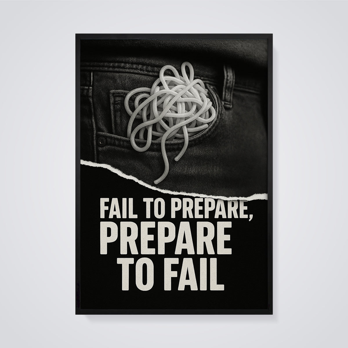 Fail to Prepare Spaghetti Print framed in black on a grey background