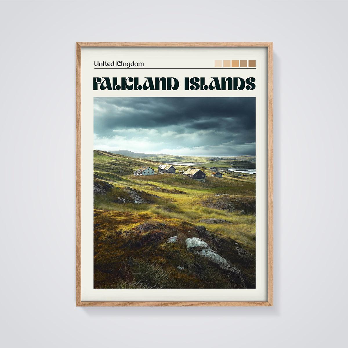 Falkland Islands Rural Landscape Print framed in oak on a grey background