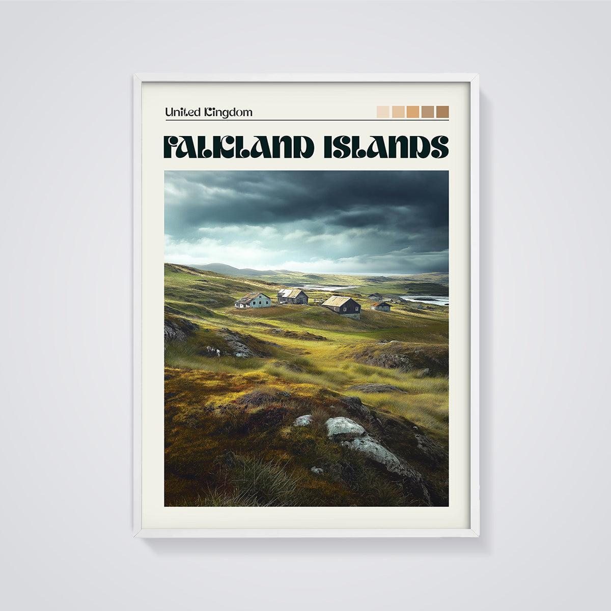 Falkland Islands Rural Landscape Print framed in white on a grey background