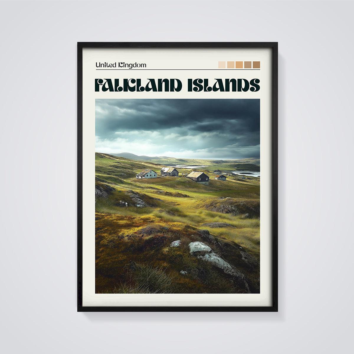 Falkland Islands Rural Landscape Print framed in black on a grey background