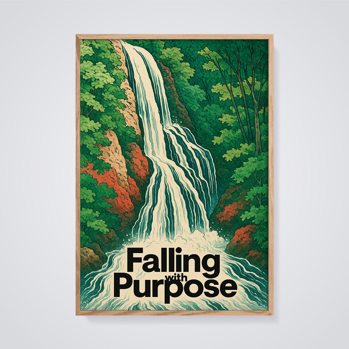 Falling with Purpose Waterfall Print framed in oak on a grey background