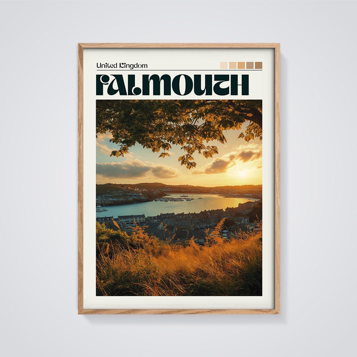 Falmouth Golden Sunset Print framed in oak on a grey background
