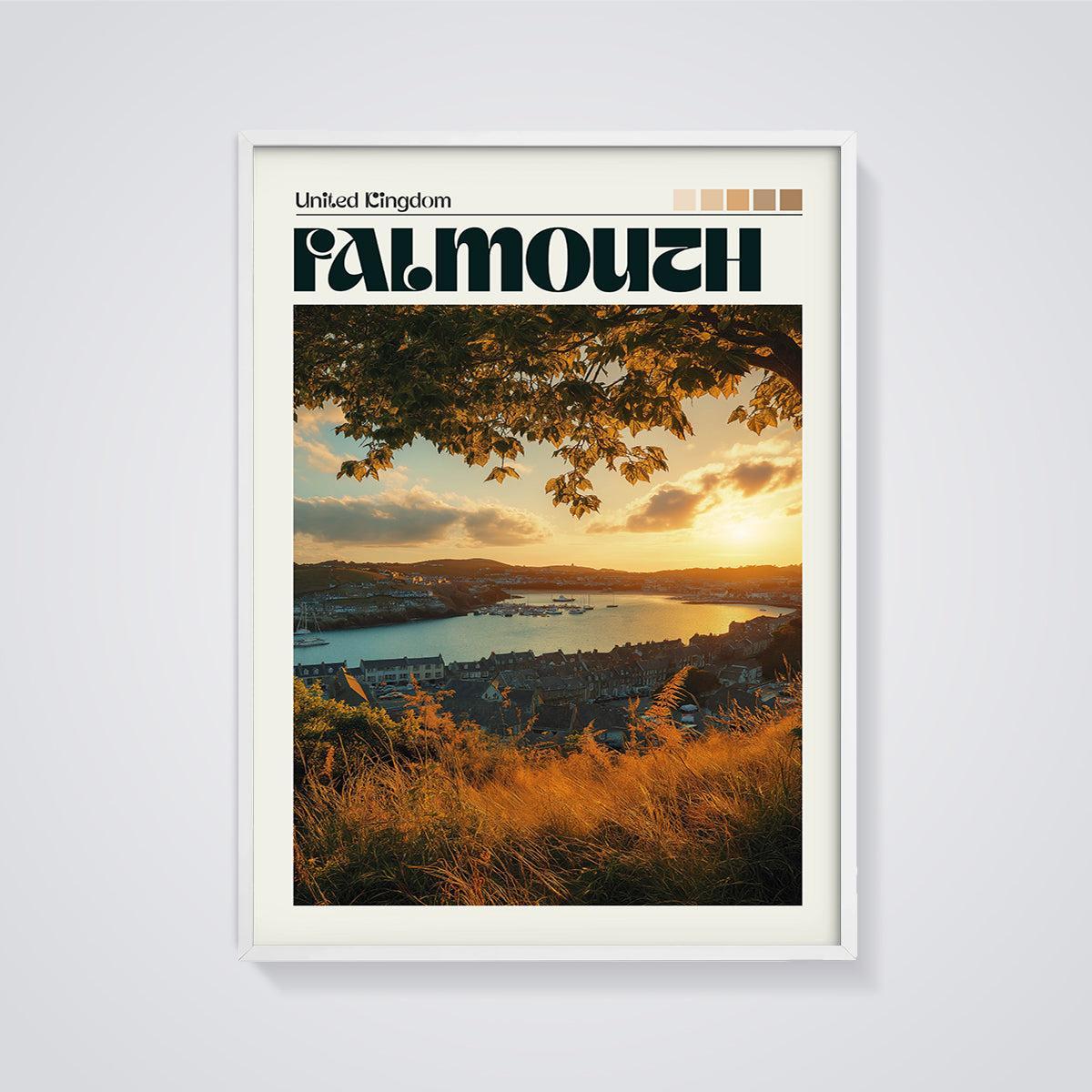 Falmouth Golden Sunset Print framed in white on a grey background