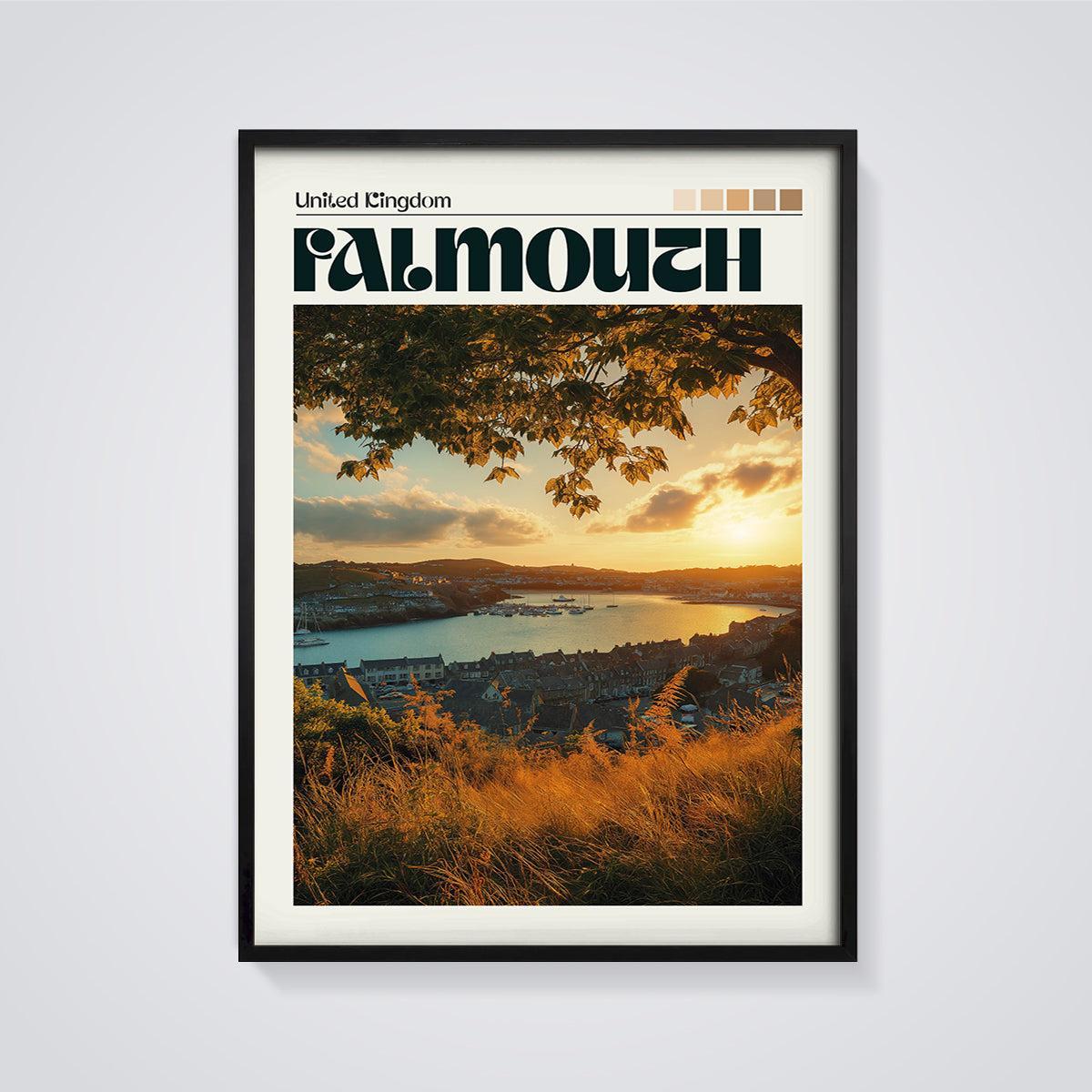 Falmouth Golden Sunset Print framed in black on a grey background