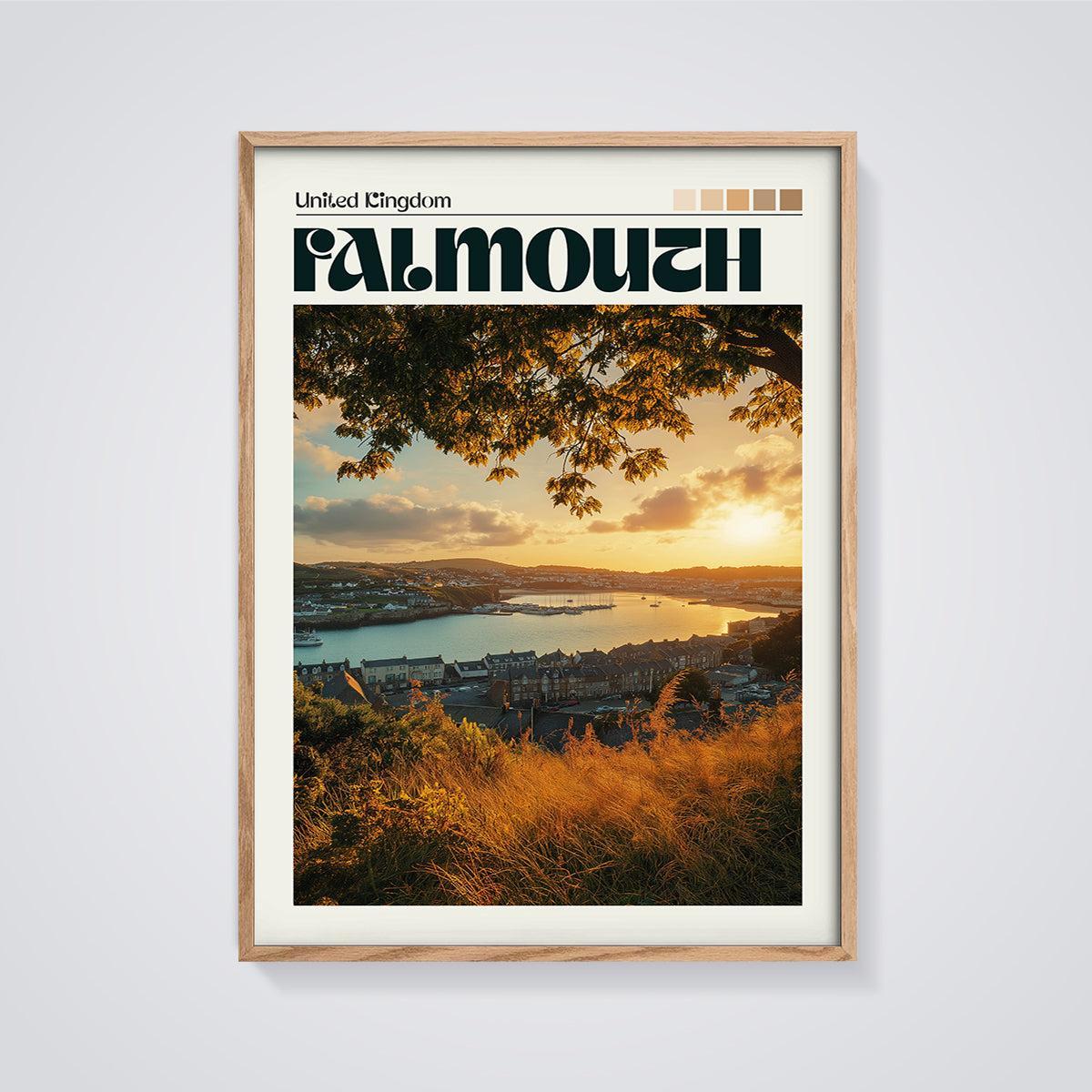 Falmouth Sunset Harbor Print framed in oak on a grey background