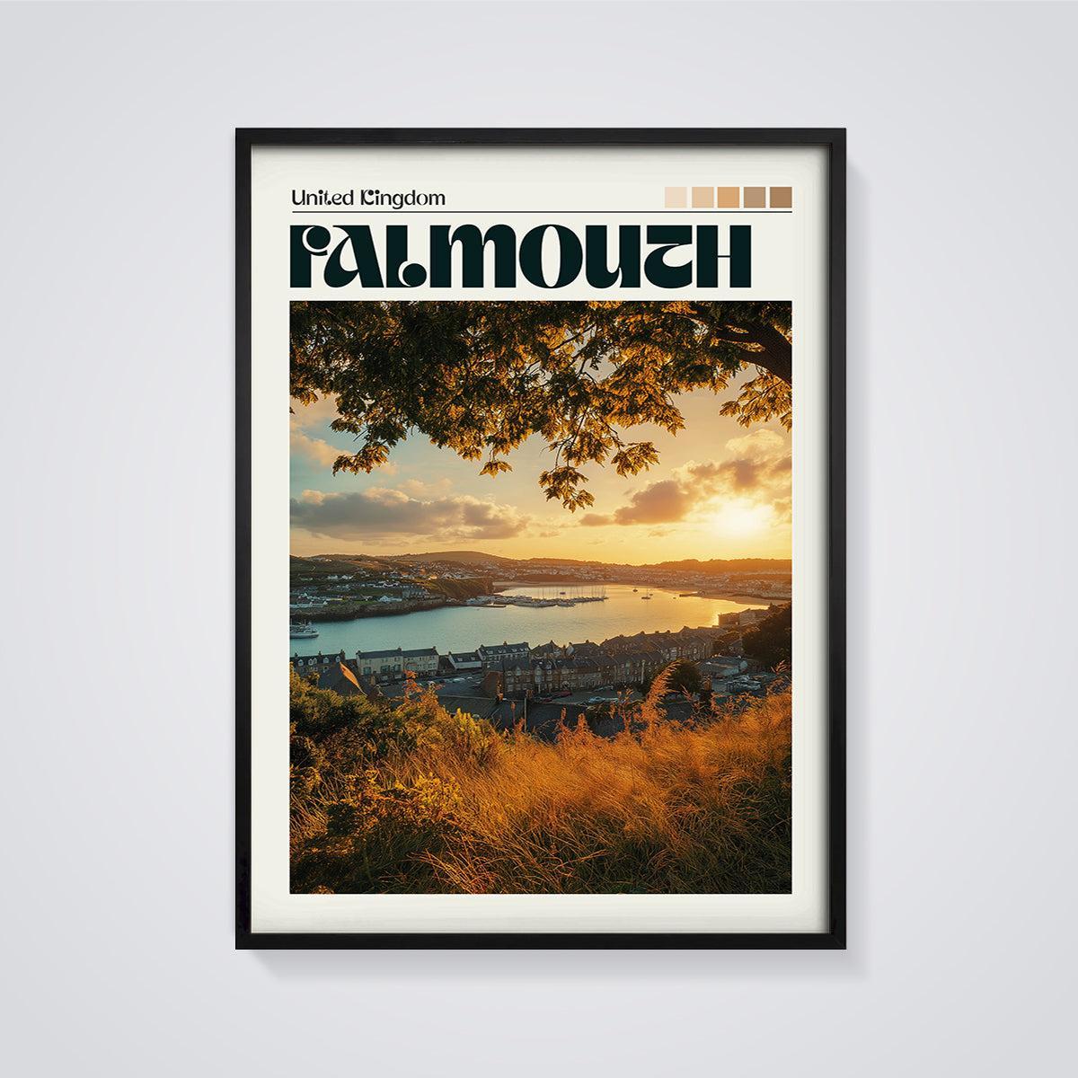 Falmouth Sunset Harbor Print framed in black on a grey background