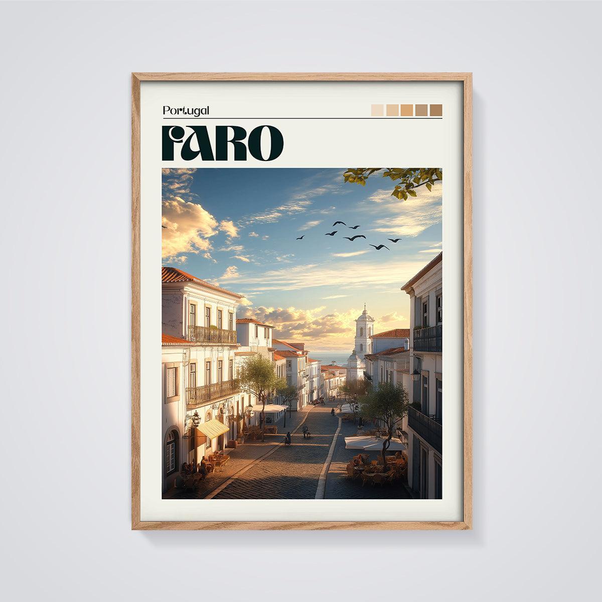 Faro Portugal Street Print framed in oak on a grey background