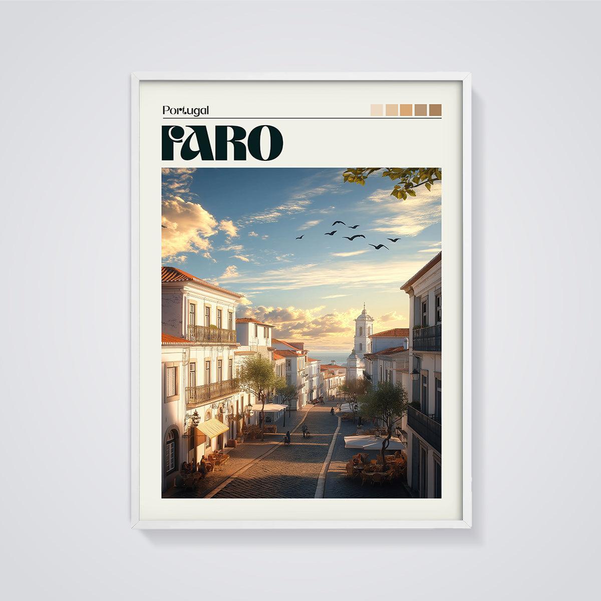 Faro Portugal Street Print framed in white on a grey background