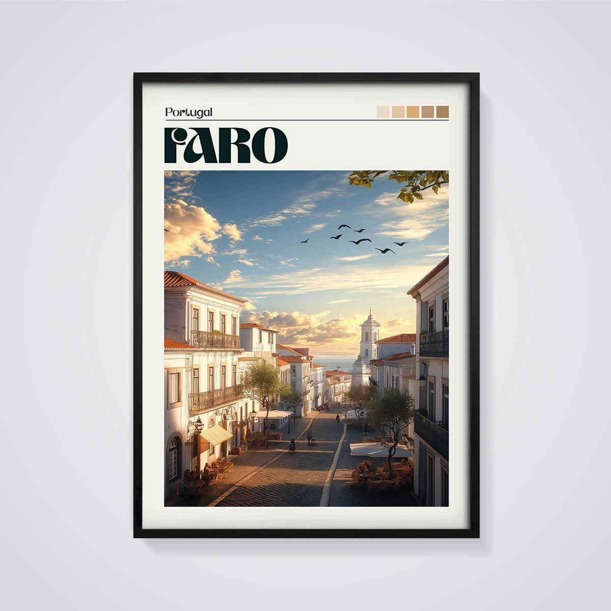 Faro Portugal Street Print framed in black on a grey background
