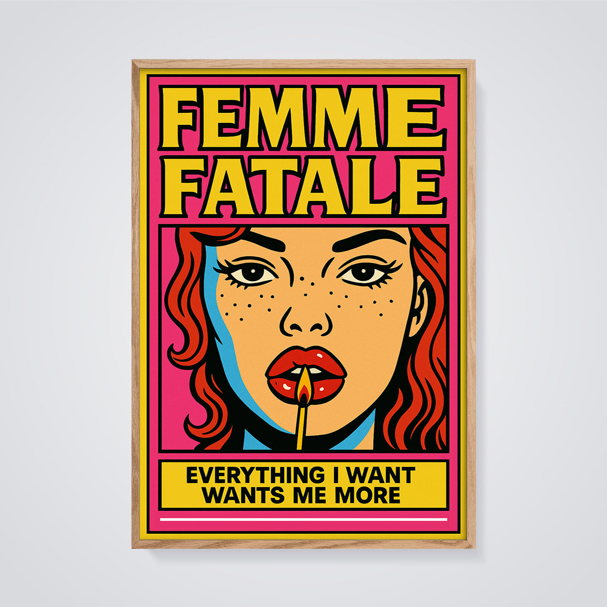Femme Fatale Pop Art Print framed in oak on a grey background