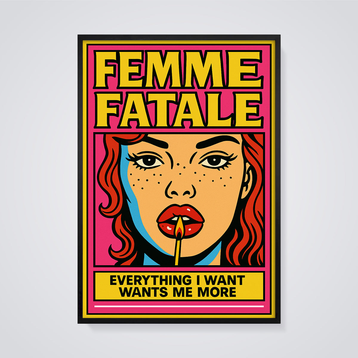 Femme Fatale Pop Art Print framed in black on a grey background