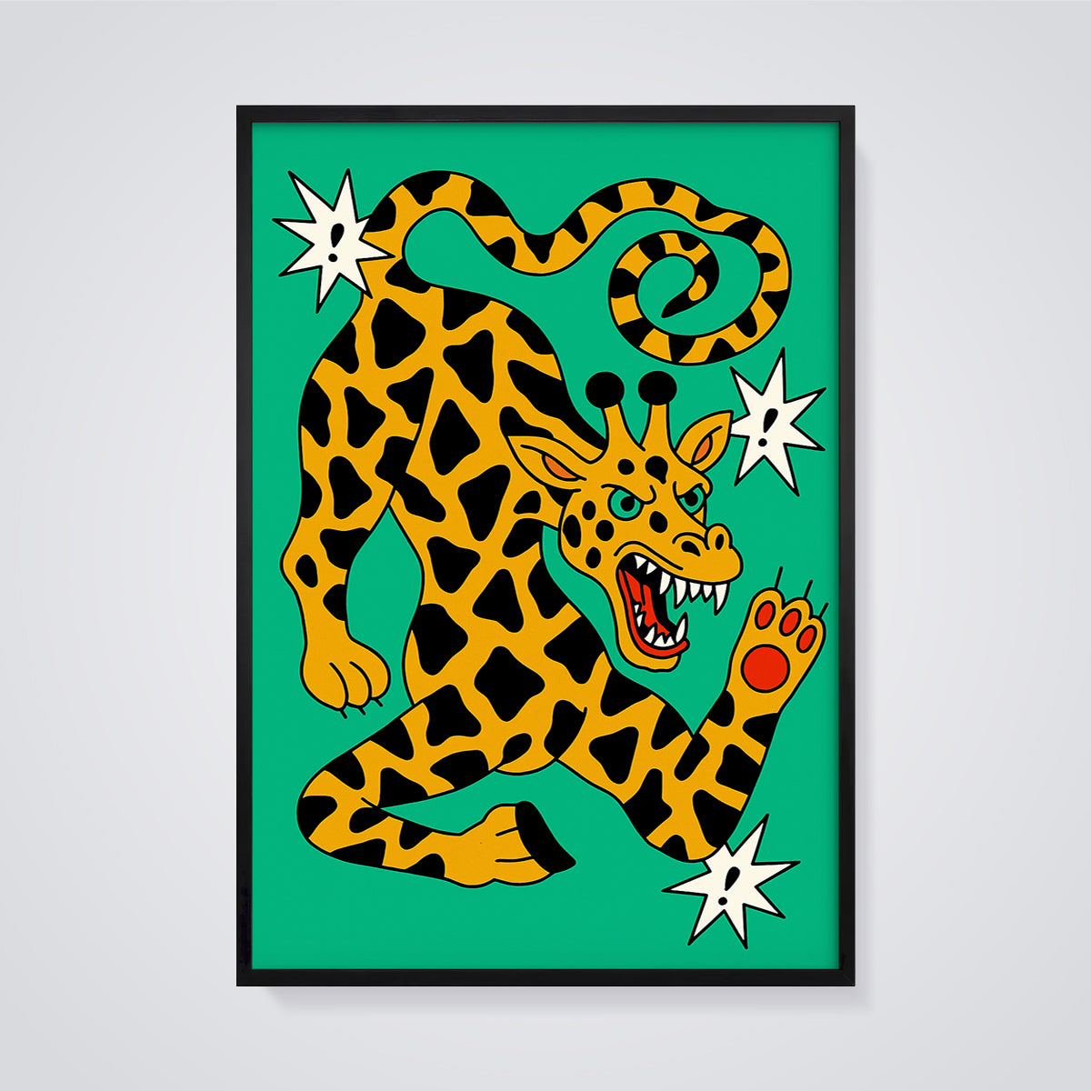 Fierce Giraffe Beast Print framed in black on a grey background