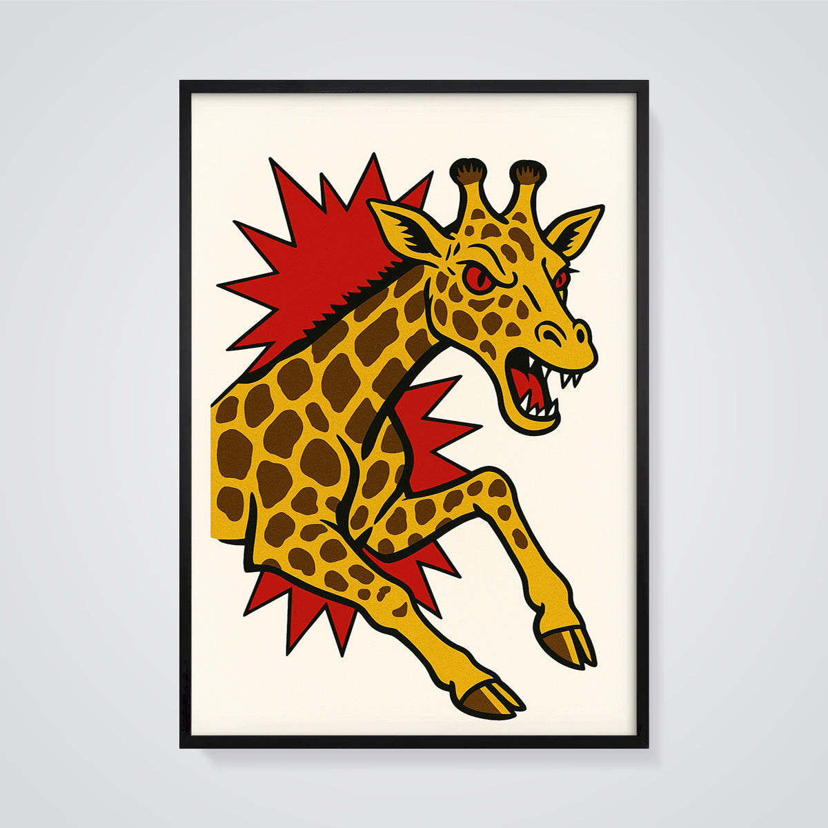 Fierce Giraffe Burst Print framed in black on a grey background