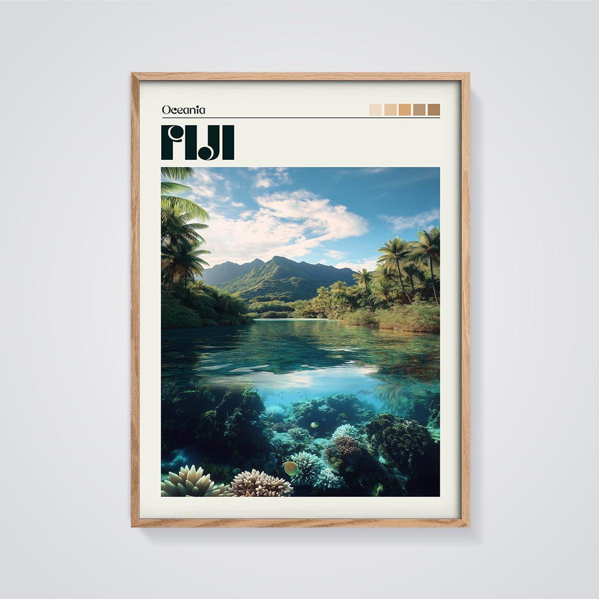 Fiji Coral Reef Island Print framed in oak on a grey background