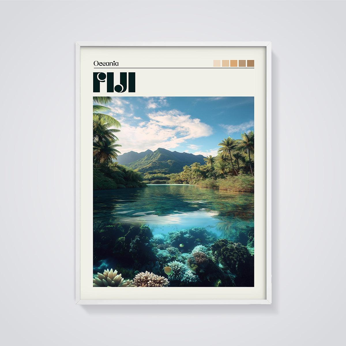 Fiji Coral Reef Island Print framed in white on a grey background