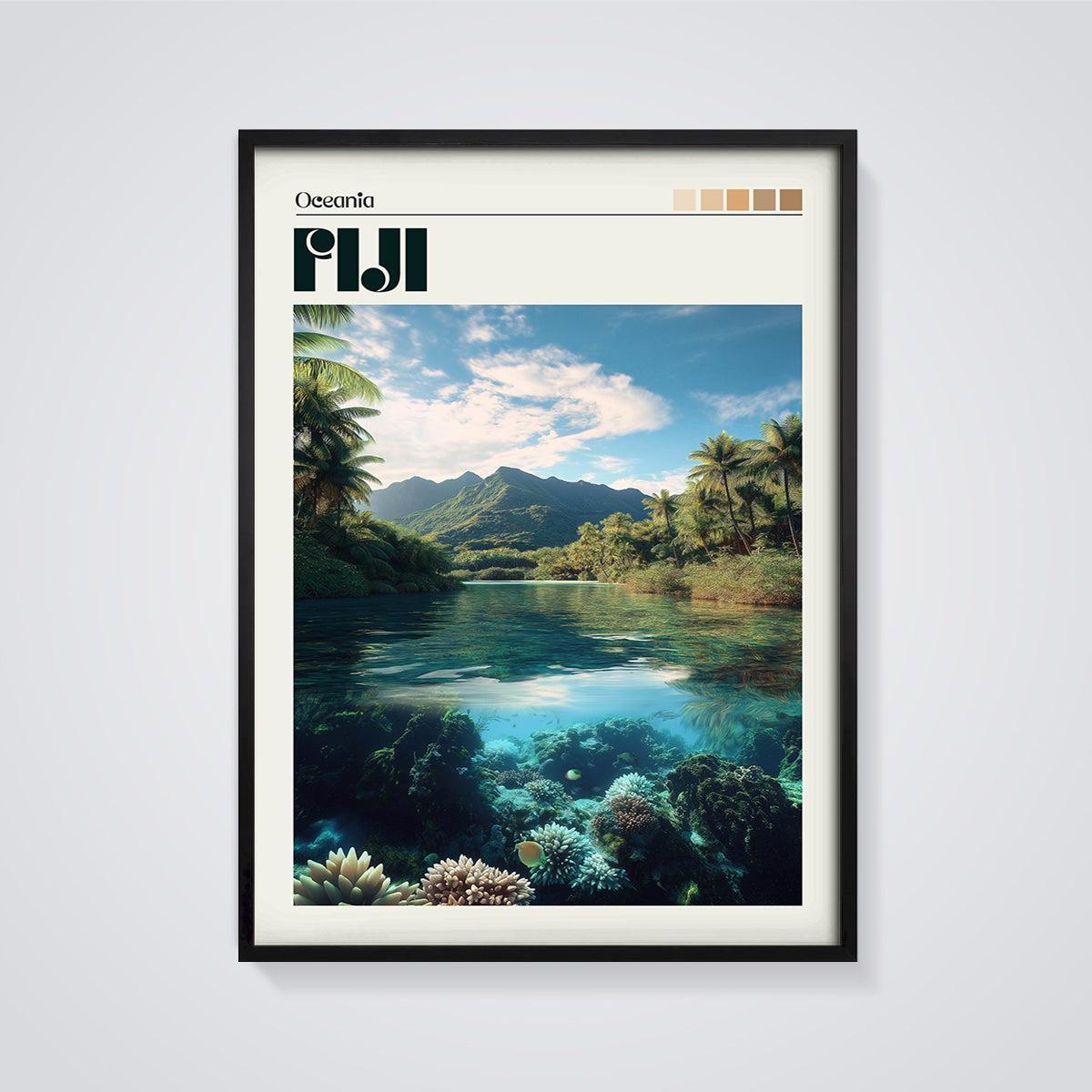 Fiji Coral Reef Island Print framed in black on a grey background