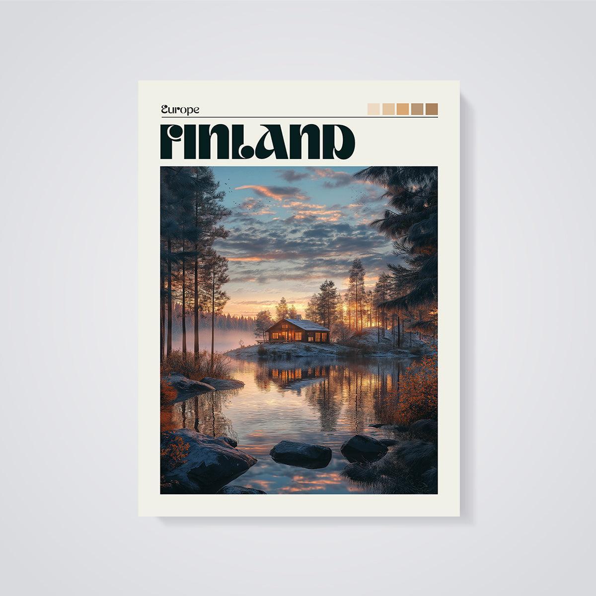 Finland Lakeside Cabin Print unframed on a grey background