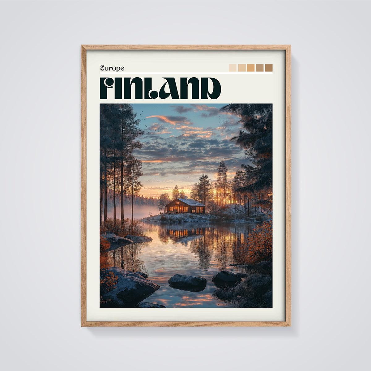Finland Lakeside Cabin Print framed in oak on a grey background