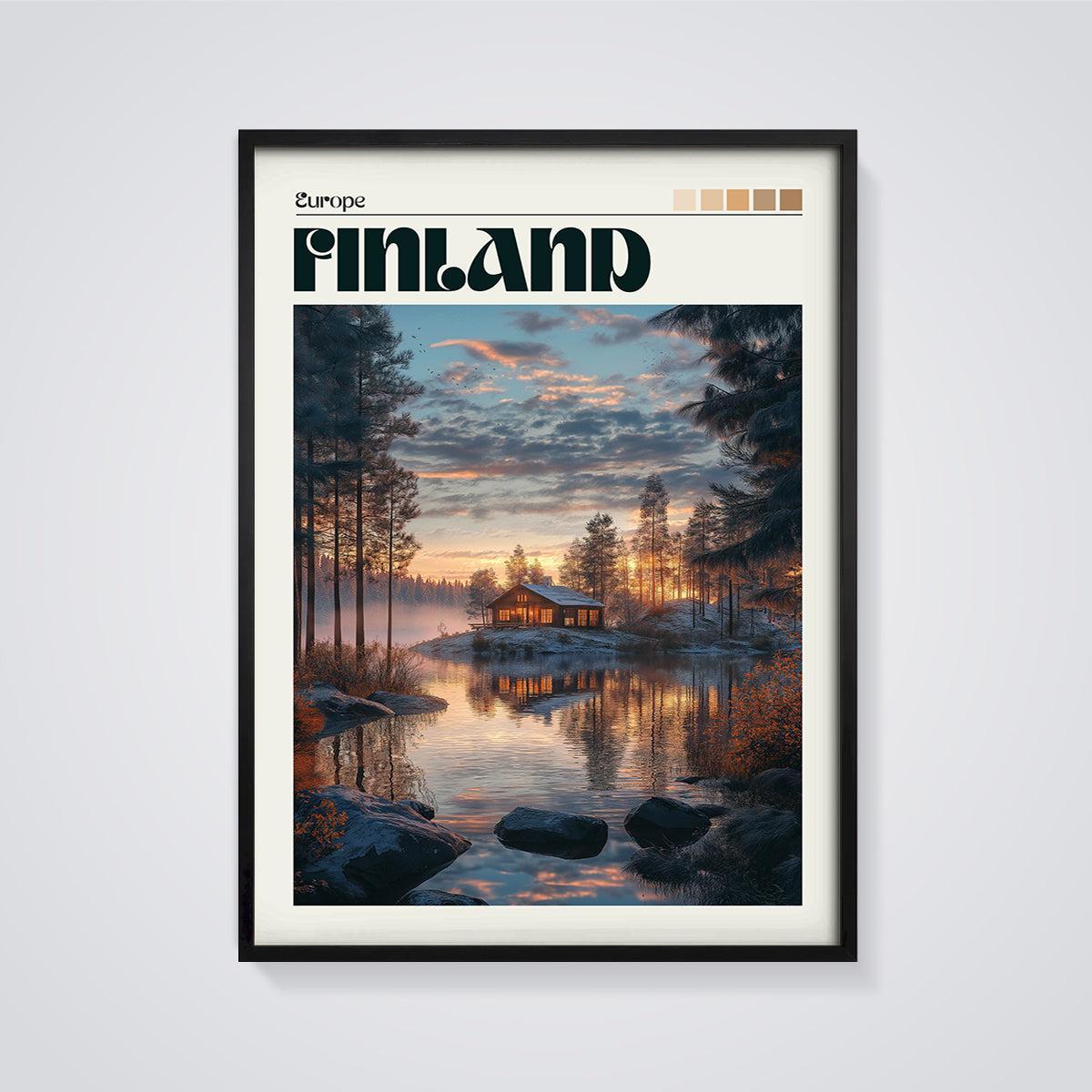 Finland Lakeside Cabin Print framed in black on a grey background