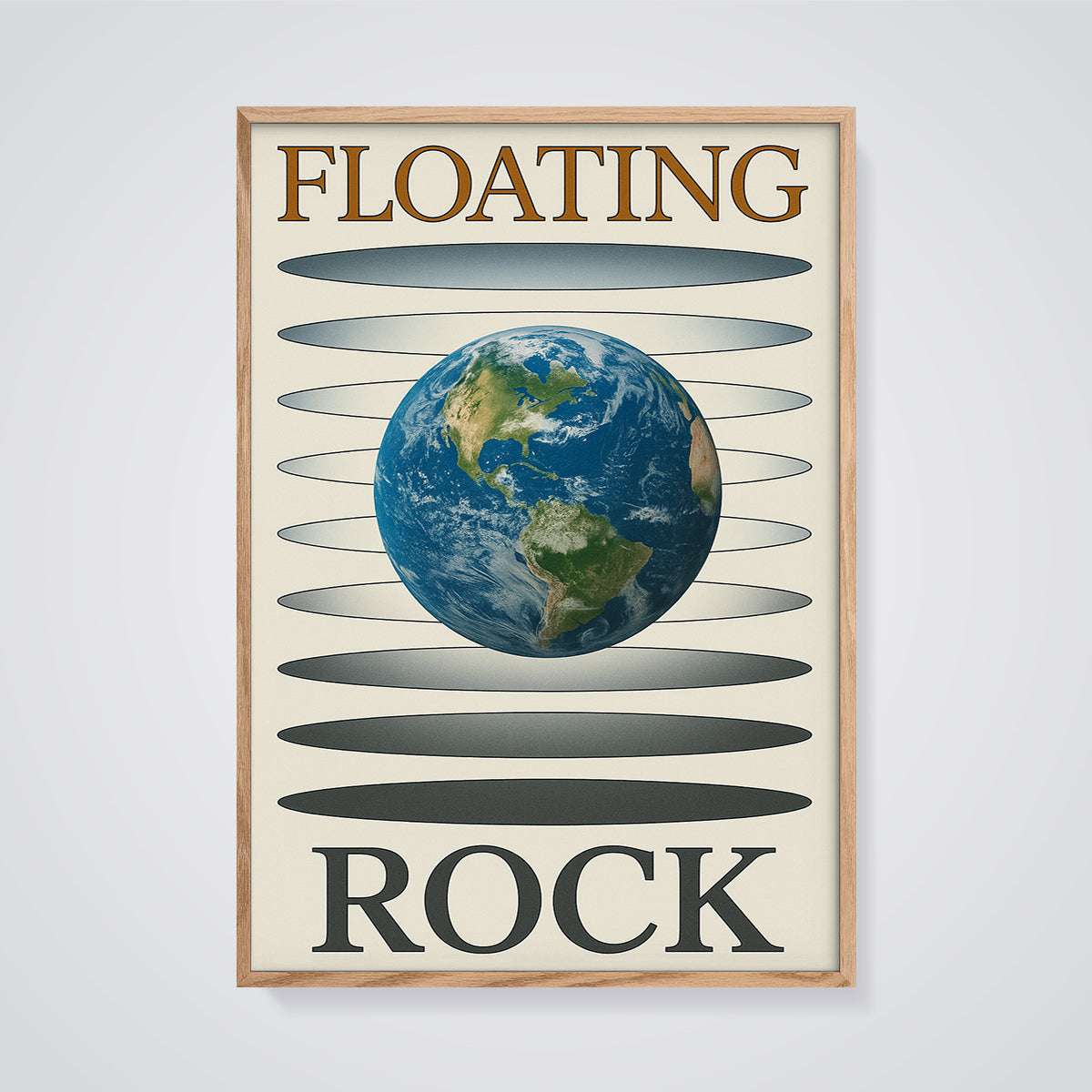 Floating Rock Earth Print framed in oak on a grey background