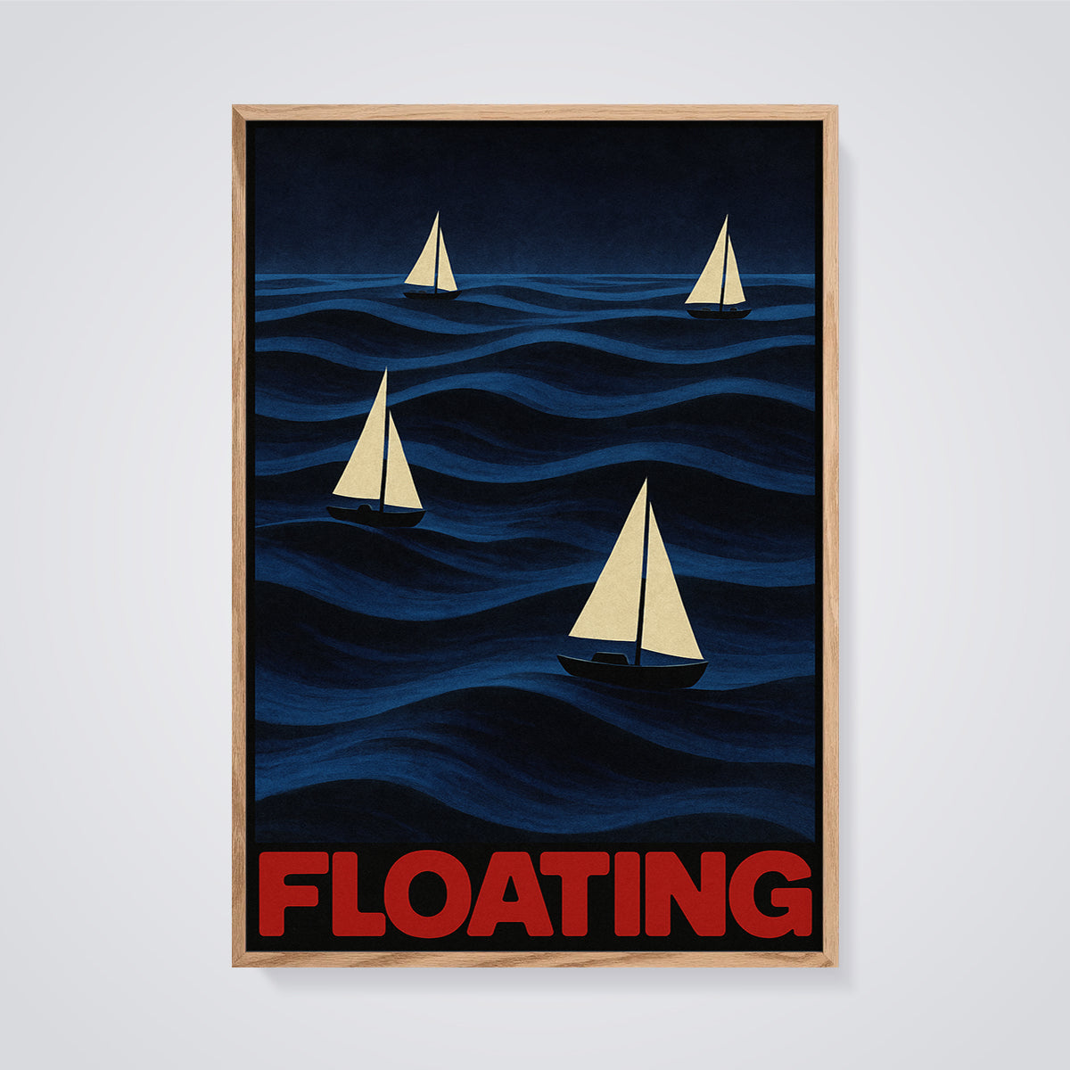 Floating Sailboats Print framed in oak on a grey background
