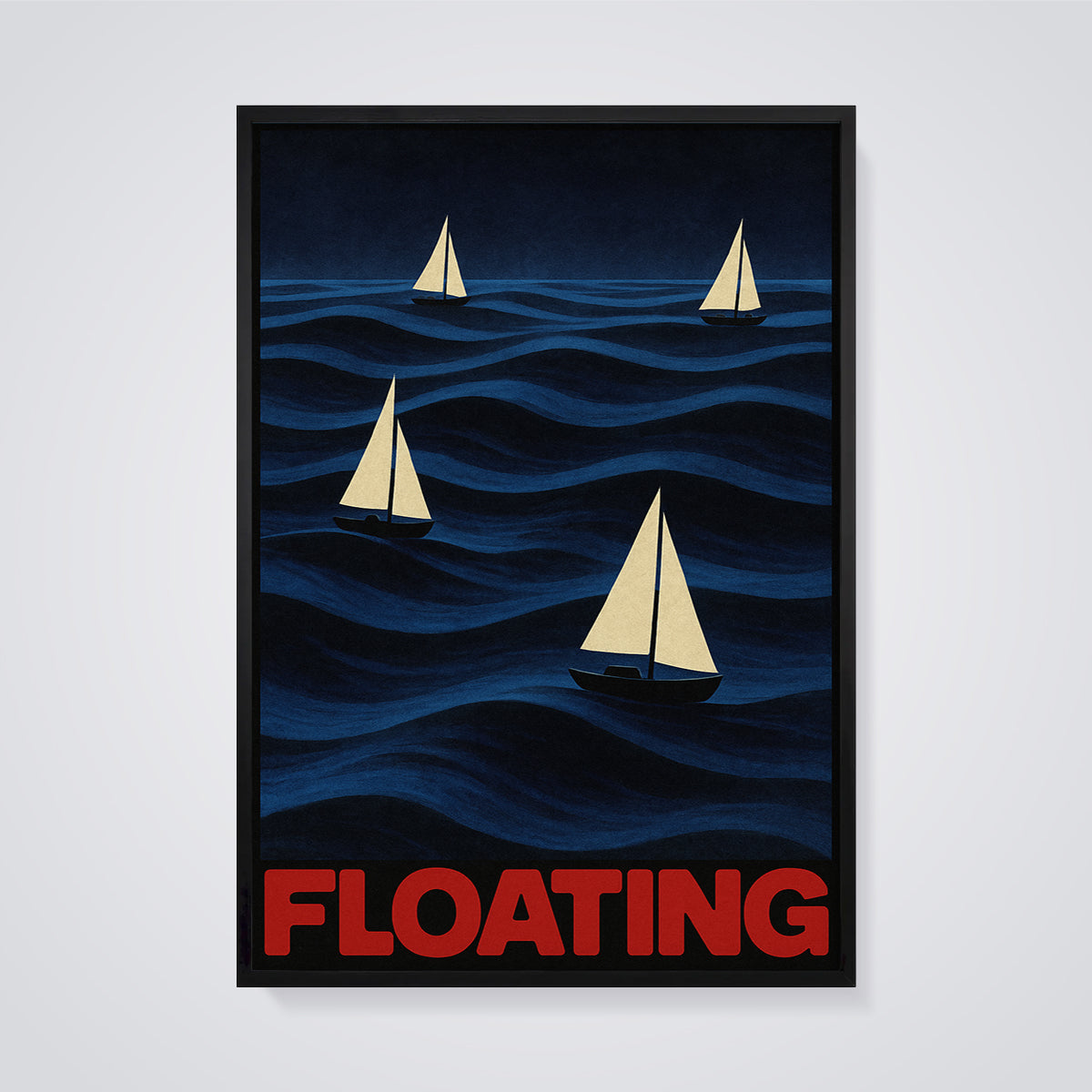 Floating Sailboats Print framed in black on a grey background