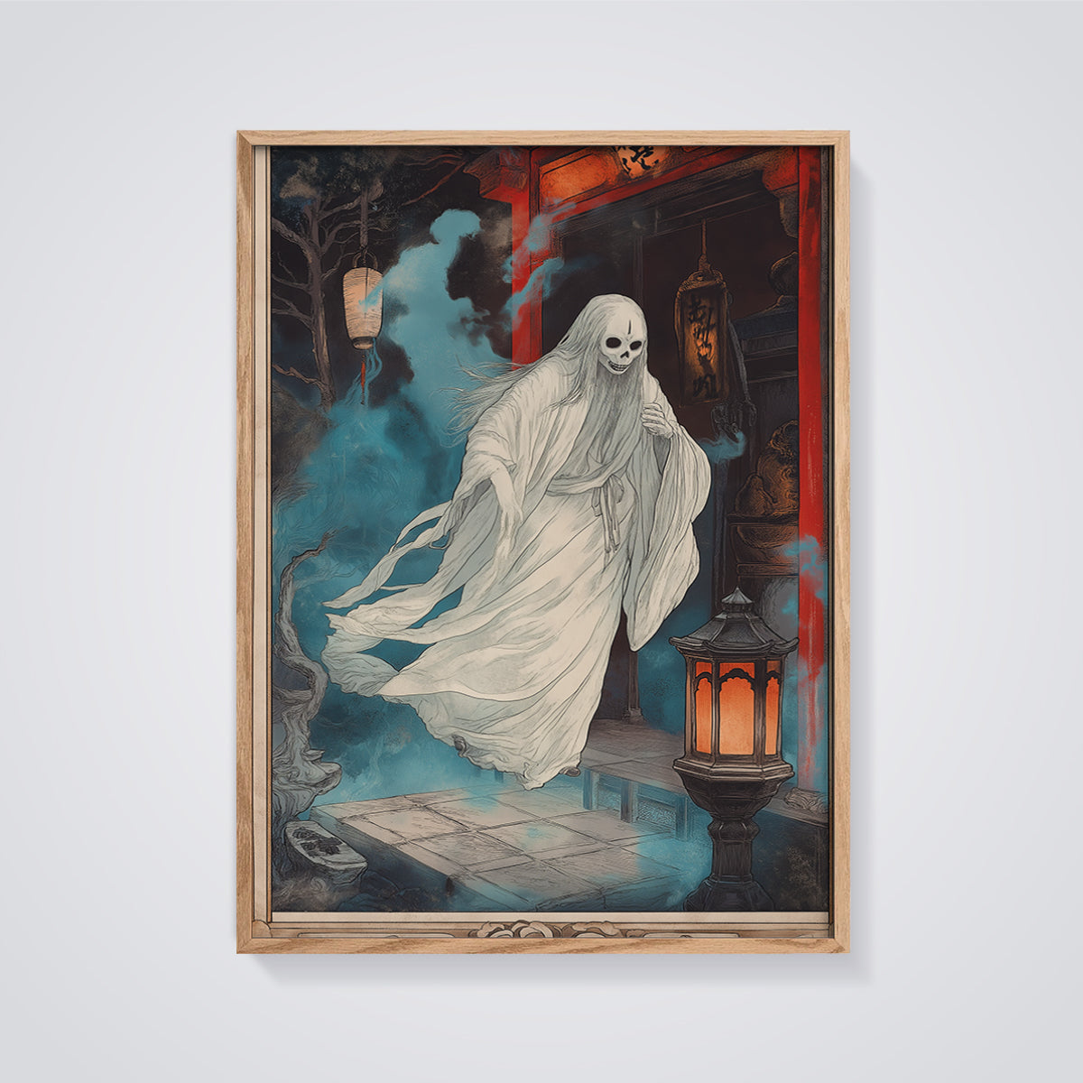 Floating Yokai Gate Print framed in oak on a grey background