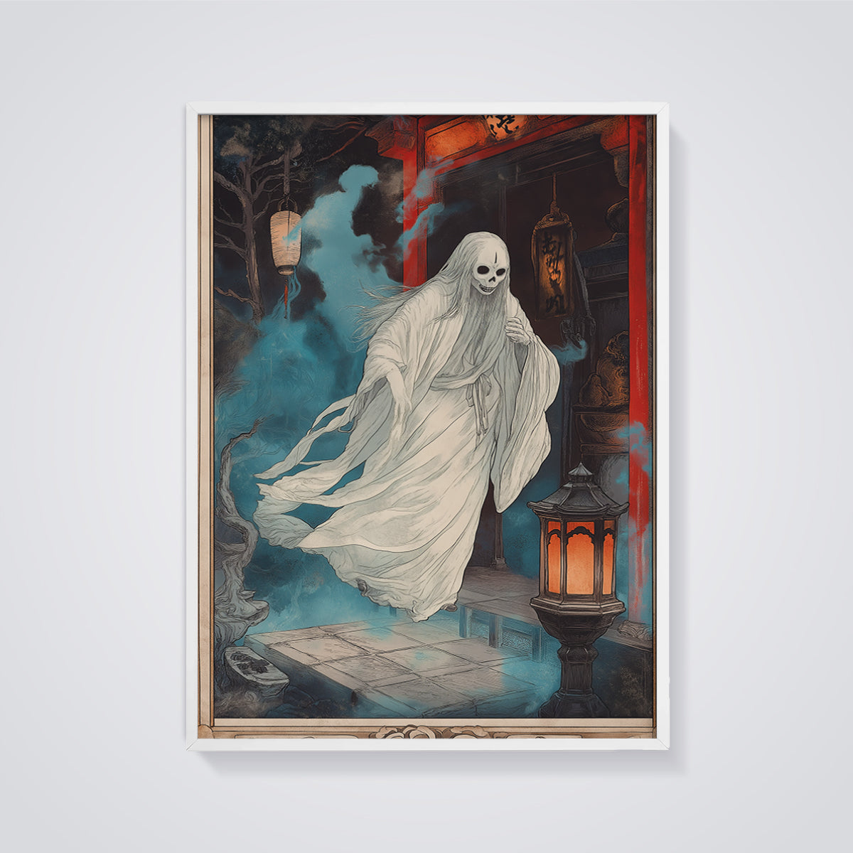 Floating Yokai Gate Print framed in white on a grey background