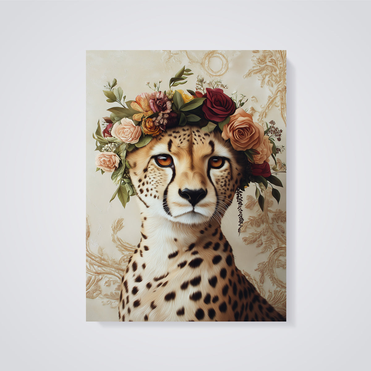 Floral Cheetah Portrait Print unframed on a grey background