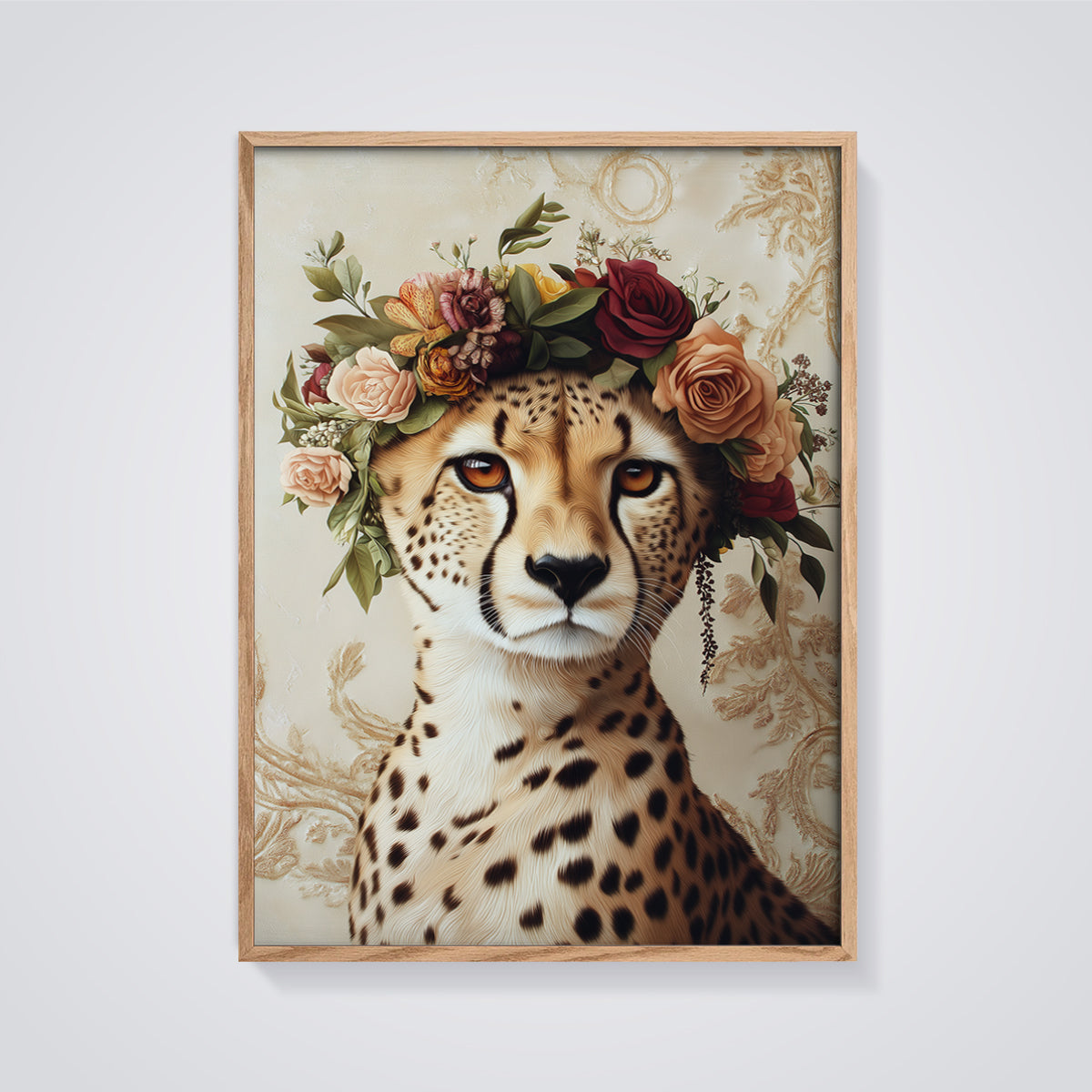 Floral Cheetah Portrait Print framed in oak on a grey background