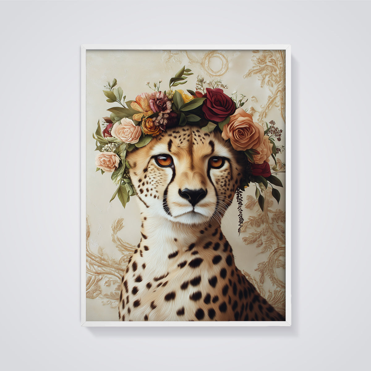 Floral Cheetah Portrait Print framed in white on a grey background