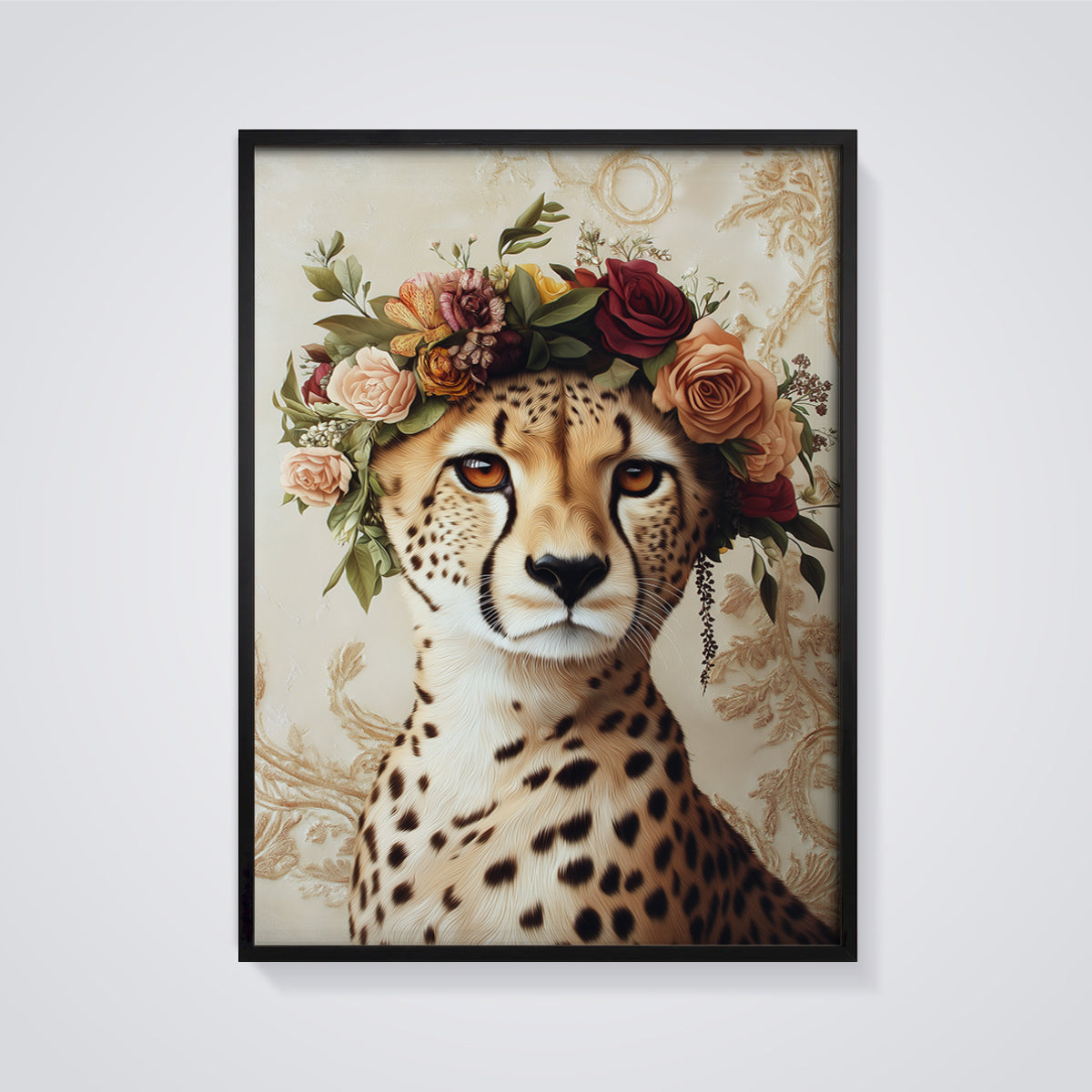 Floral Cheetah Portrait Print framed in black on a grey background